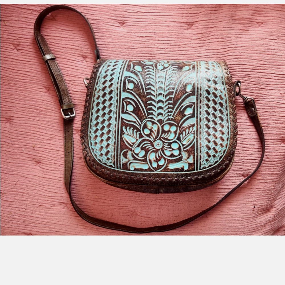 Patricia Nash Turquoise Salerno Tooled Leather Saddle Bag